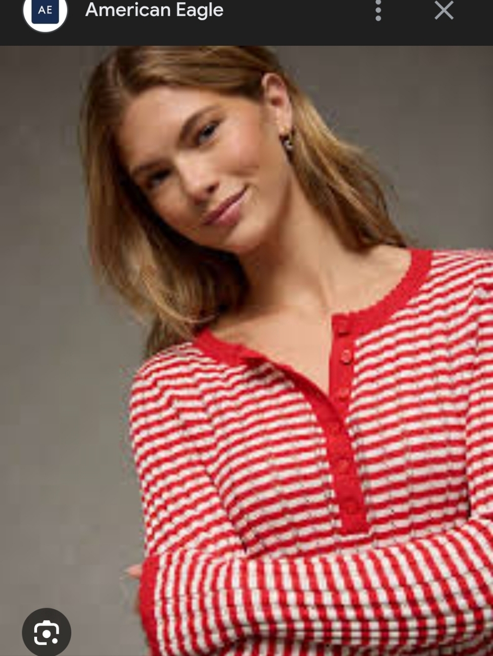 American Eagle Red White Stripe Pointelle Henley Top Fitted Ribbed Lettuce Hem L